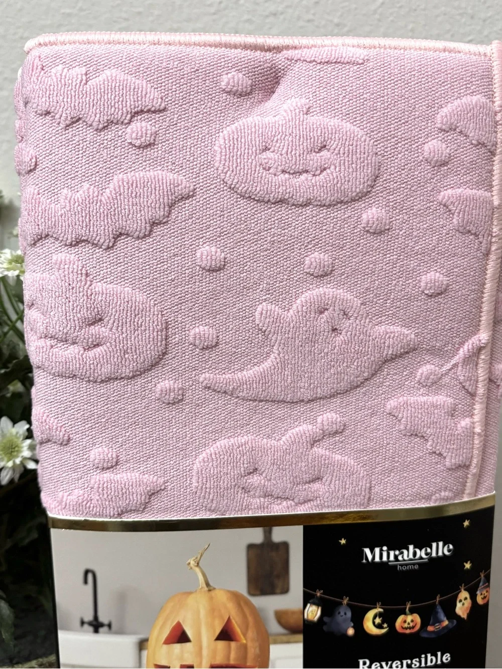 HALLOWEEN DISH DRYING MATS SET OF 2 REVERSIBLE PINK SCULPTED GHOST PUMPKIN BAT